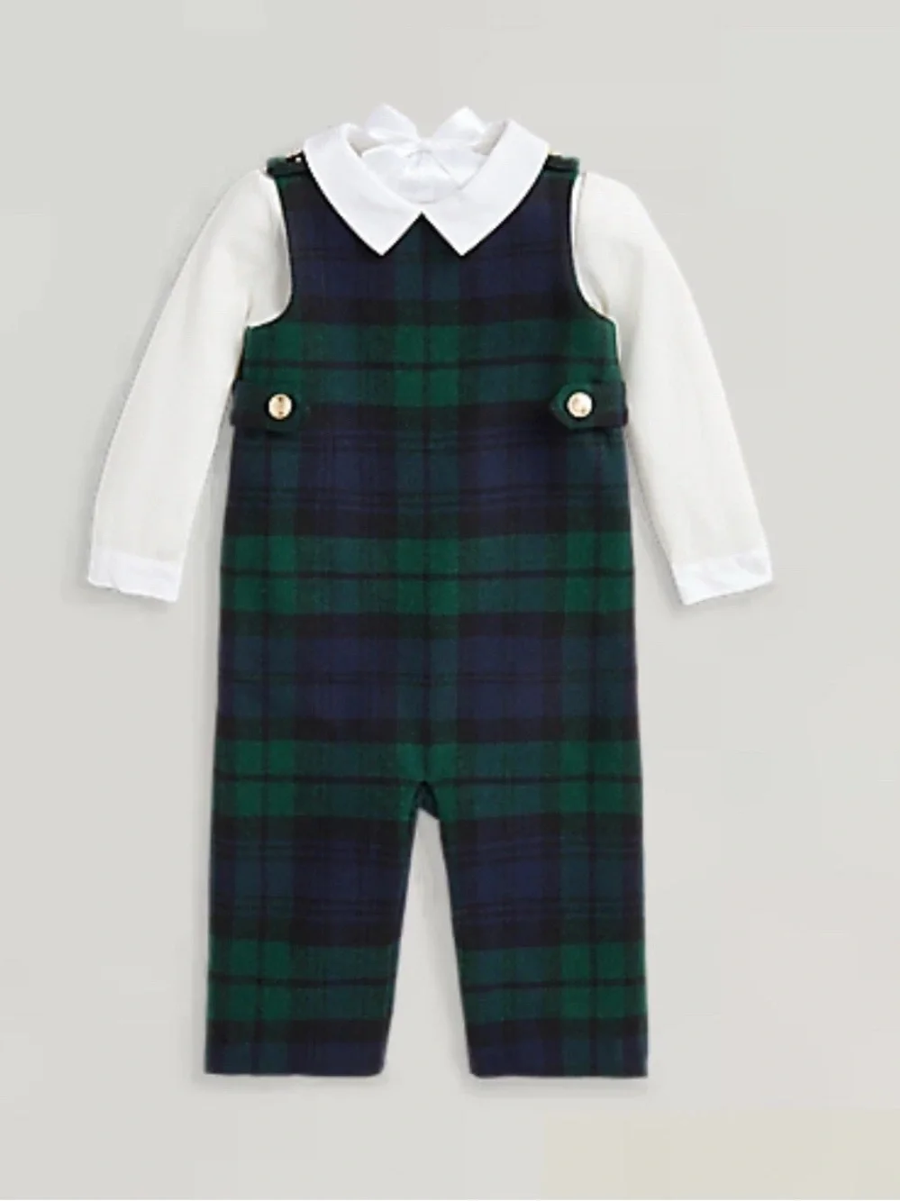 Ralph Lauren Wool Green and Navy Plaid Infant Romper with White Collared Shirt